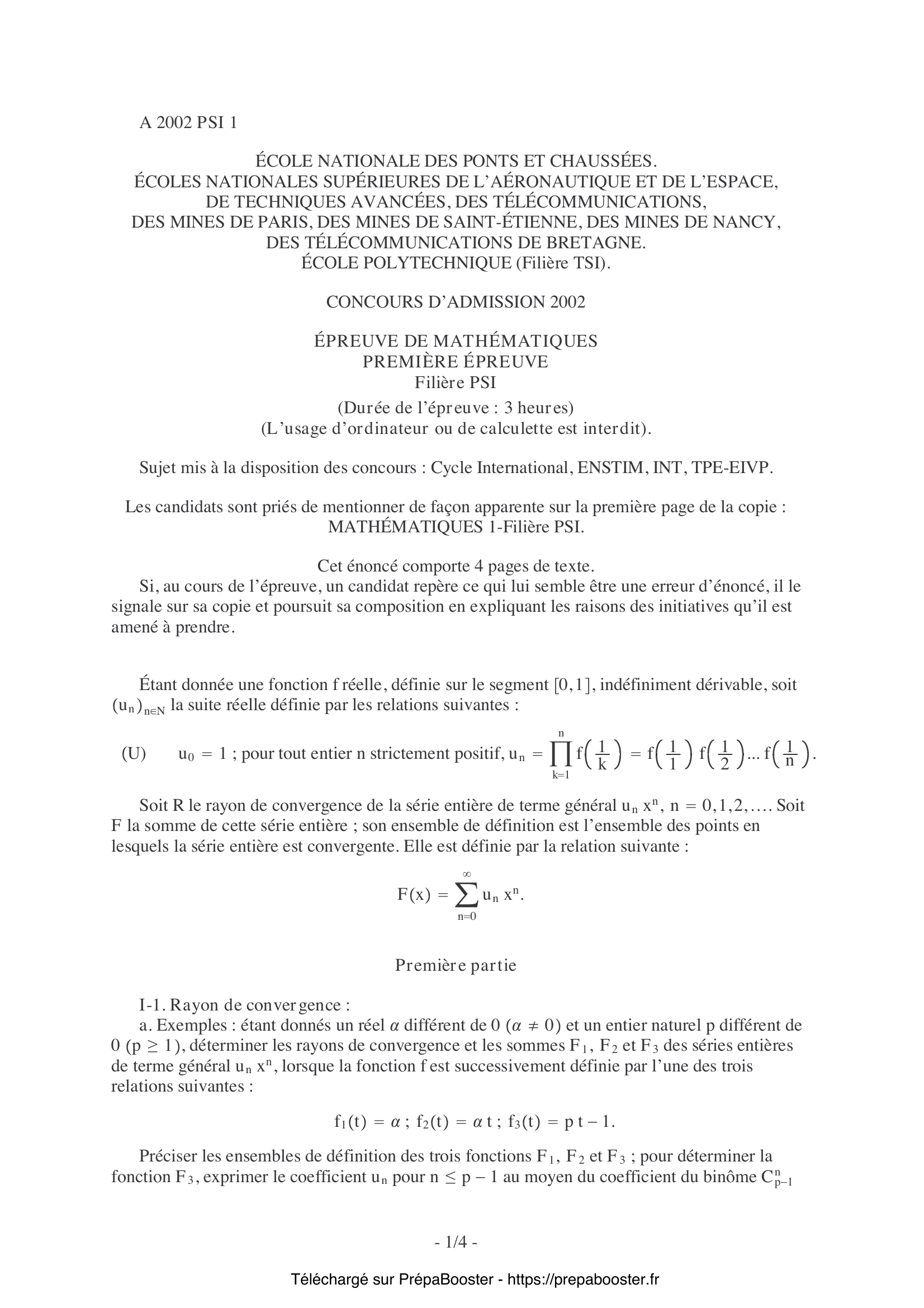 Énoncé Mines Ponts 2002 PSI Maths 1 – page 1 Énoncé Mines Ponts 2002 PSI Maths 1 – page 1