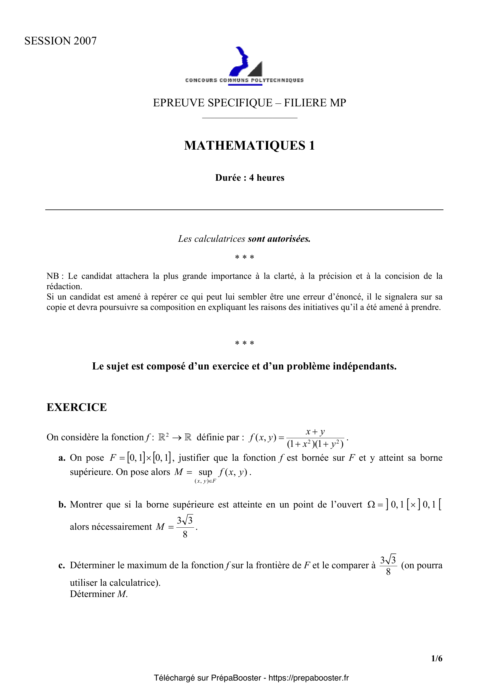 Énoncé CCINP 2007 MP Maths 1 – page 1 Énoncé CCINP 2007 MP Maths 1 – page 1