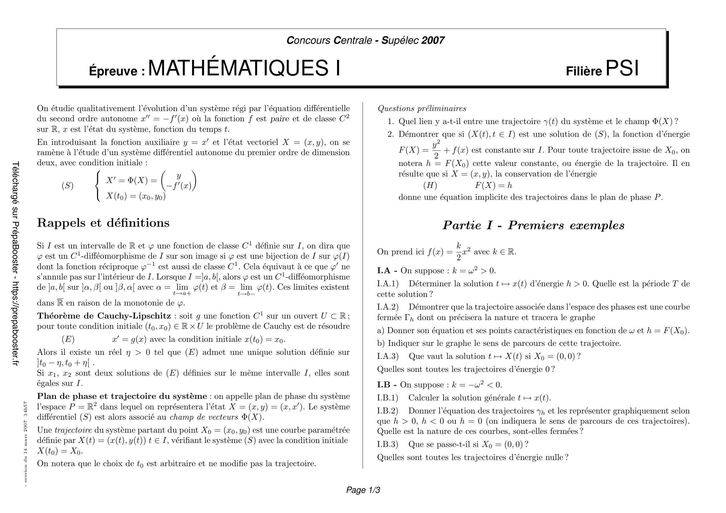 Énoncé Centrale 2007 PC Maths 1 – page 1 Énoncé Centrale 2007 PC Maths 1 – page 1
