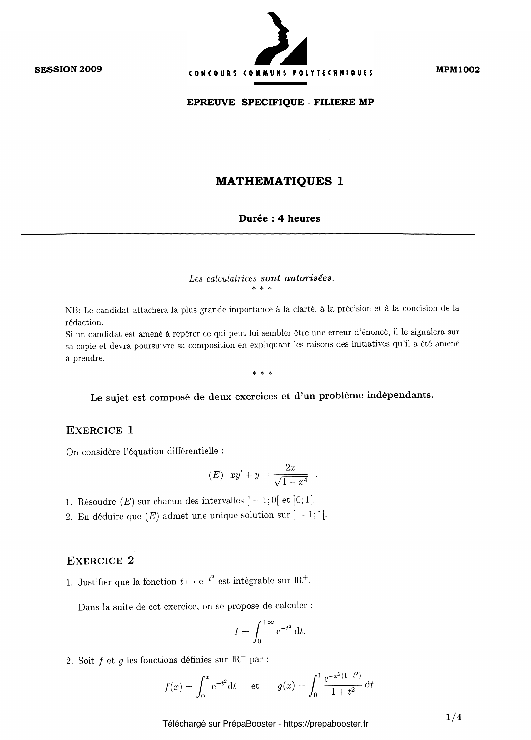 Énoncé CCINP 2009 MP Maths 1 – page 1 Énoncé CCINP 2009 MP Maths 1 – page 1