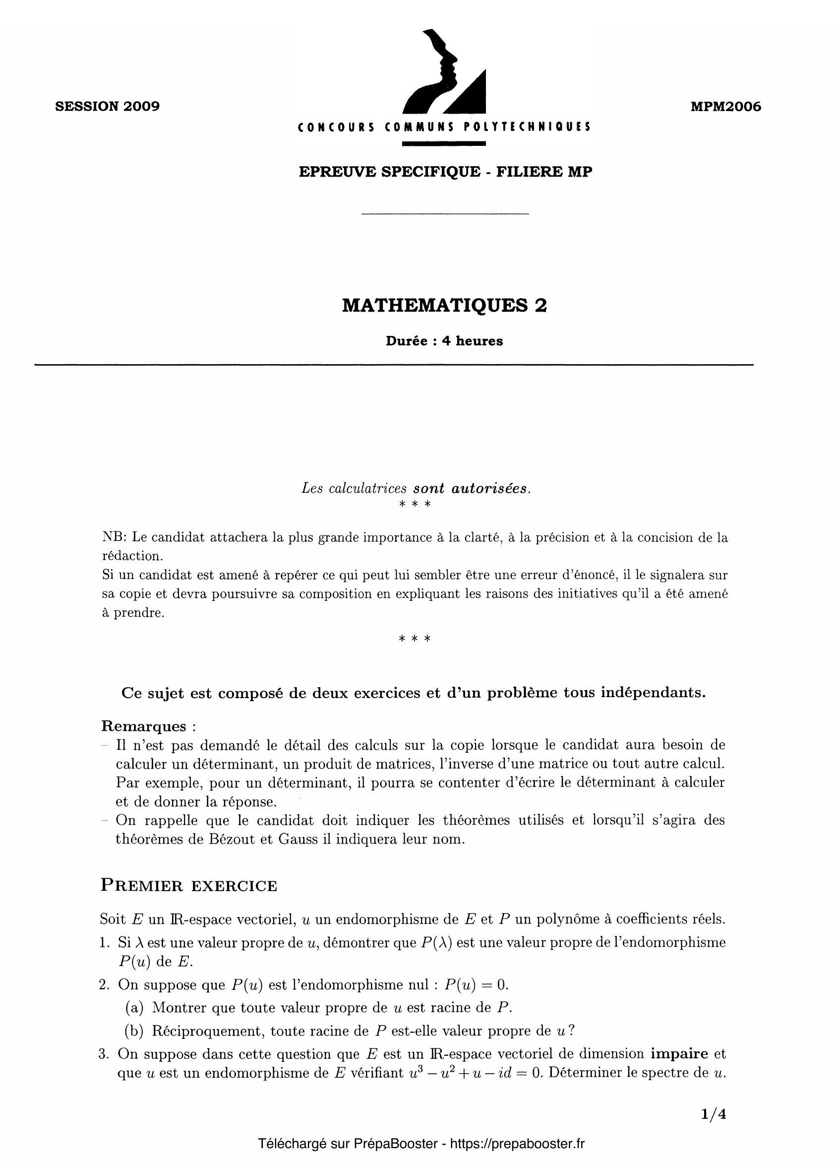 Énoncé CCINP 2009 MP Maths 2 – page 1 Énoncé CCINP 2009 MP Maths 2 – page 1