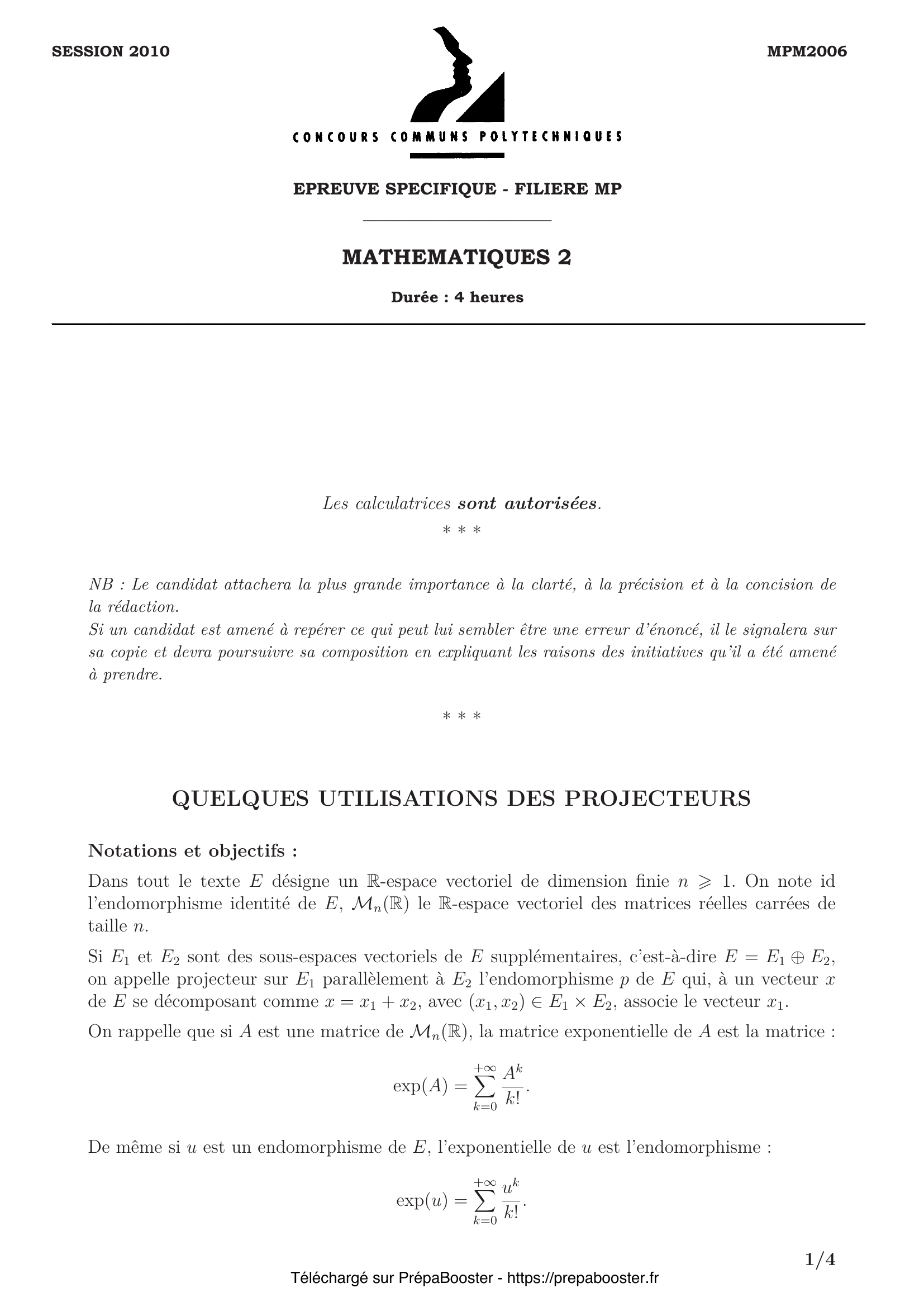 Énoncé CCINP 2010 MP Maths 2 – page 1 Énoncé CCINP 2010 MP Maths 2 – page 1