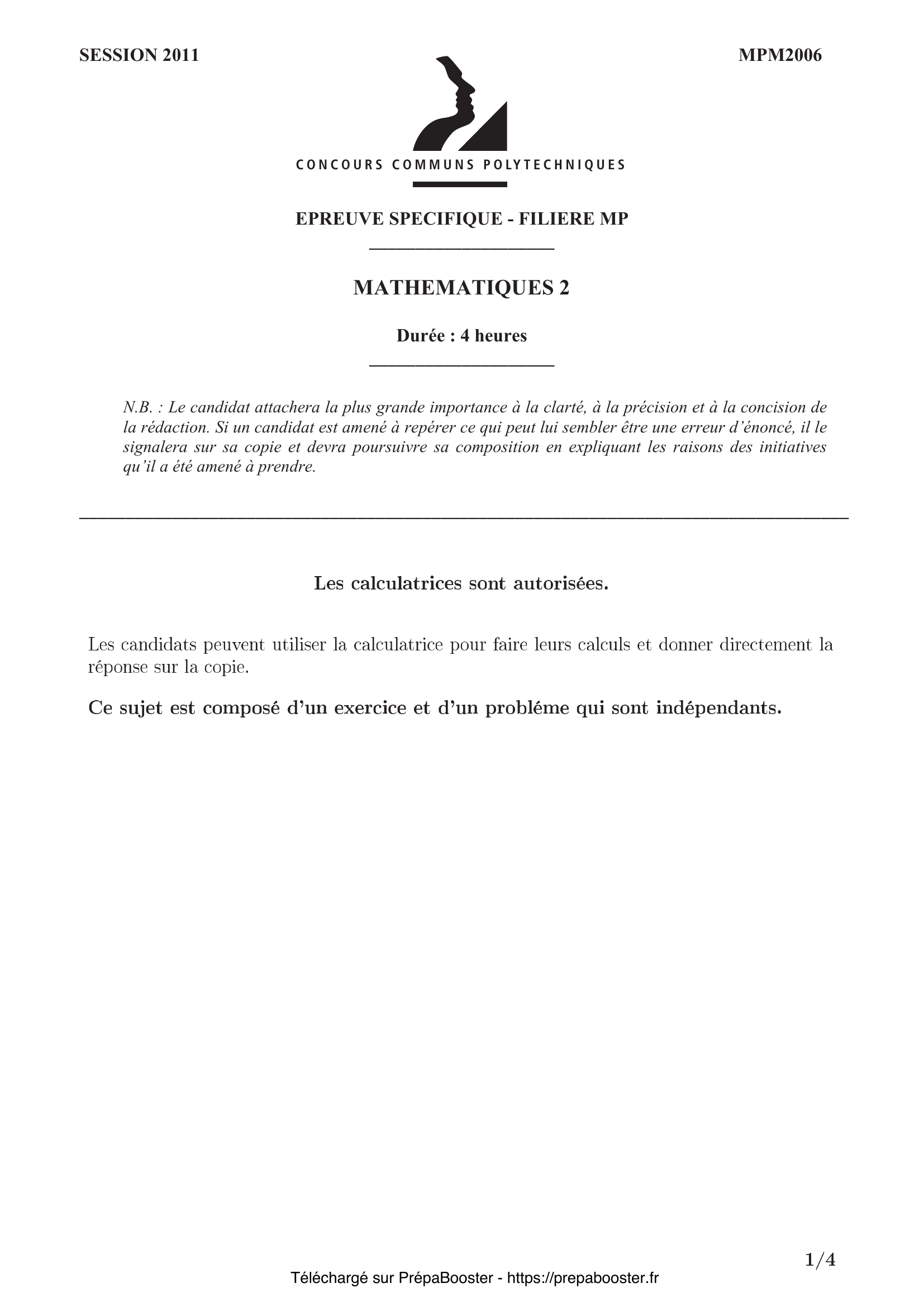 Énoncé CCINP 2011 MP Maths 2 – page 1 Énoncé CCINP 2011 MP Maths 2 – page 1