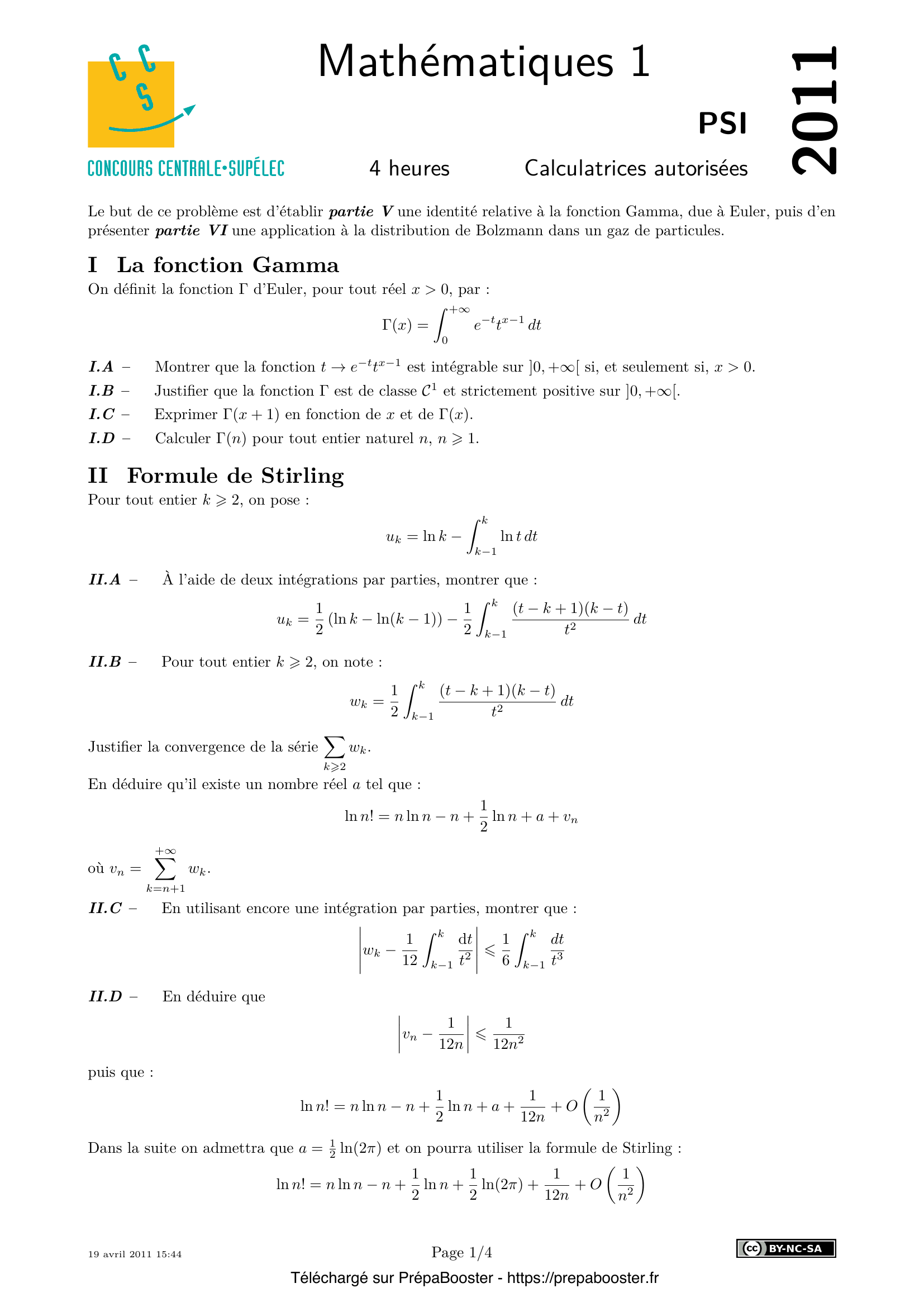 Énoncé Centrale 2011 PSI Maths 1 – page 1 Énoncé Centrale 2011 PSI Maths 1 – page 1