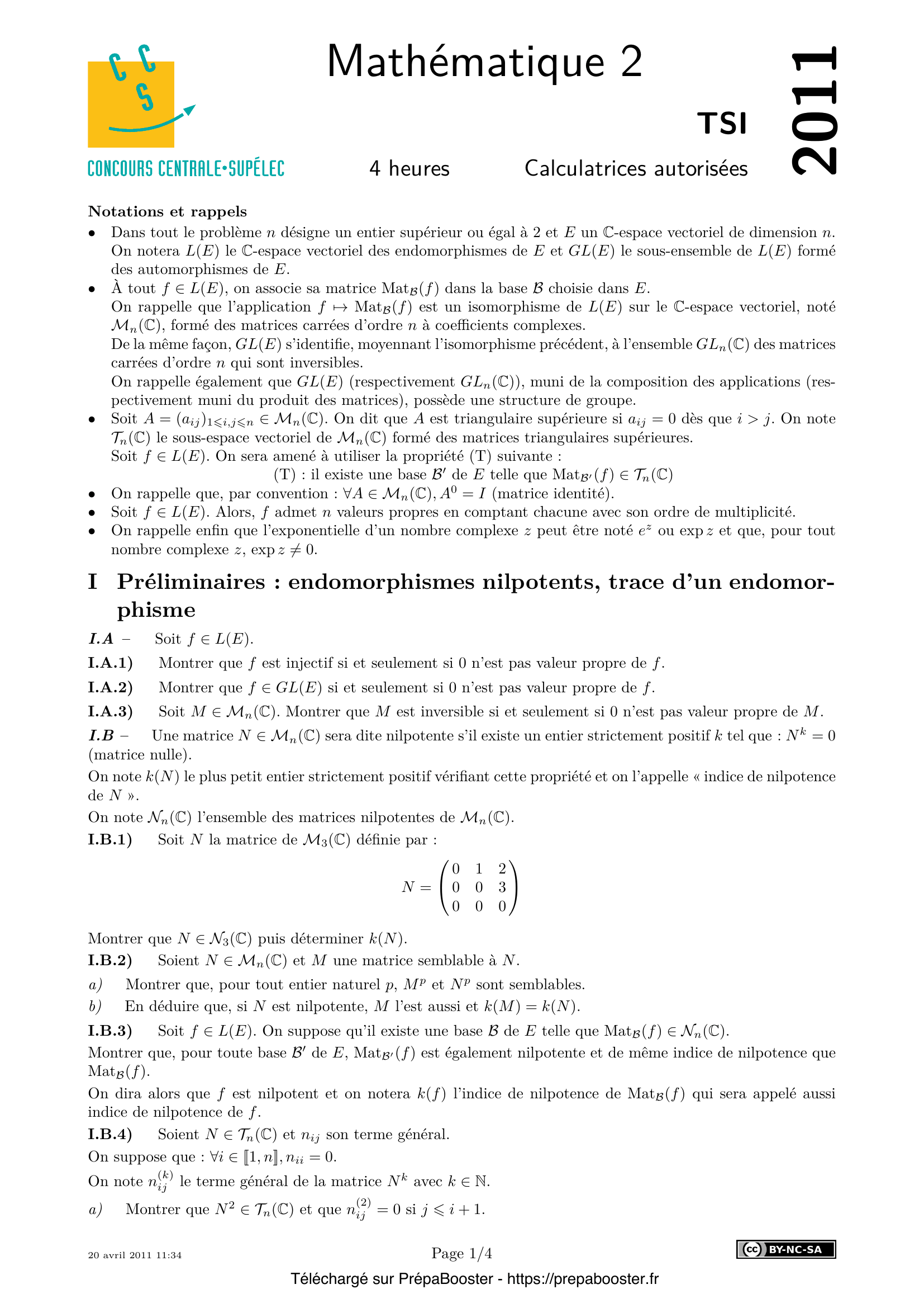 Énoncé Centrale 2011 TSI Maths 2 – page 1 Énoncé Centrale 2011 TSI Maths 2 – page 1