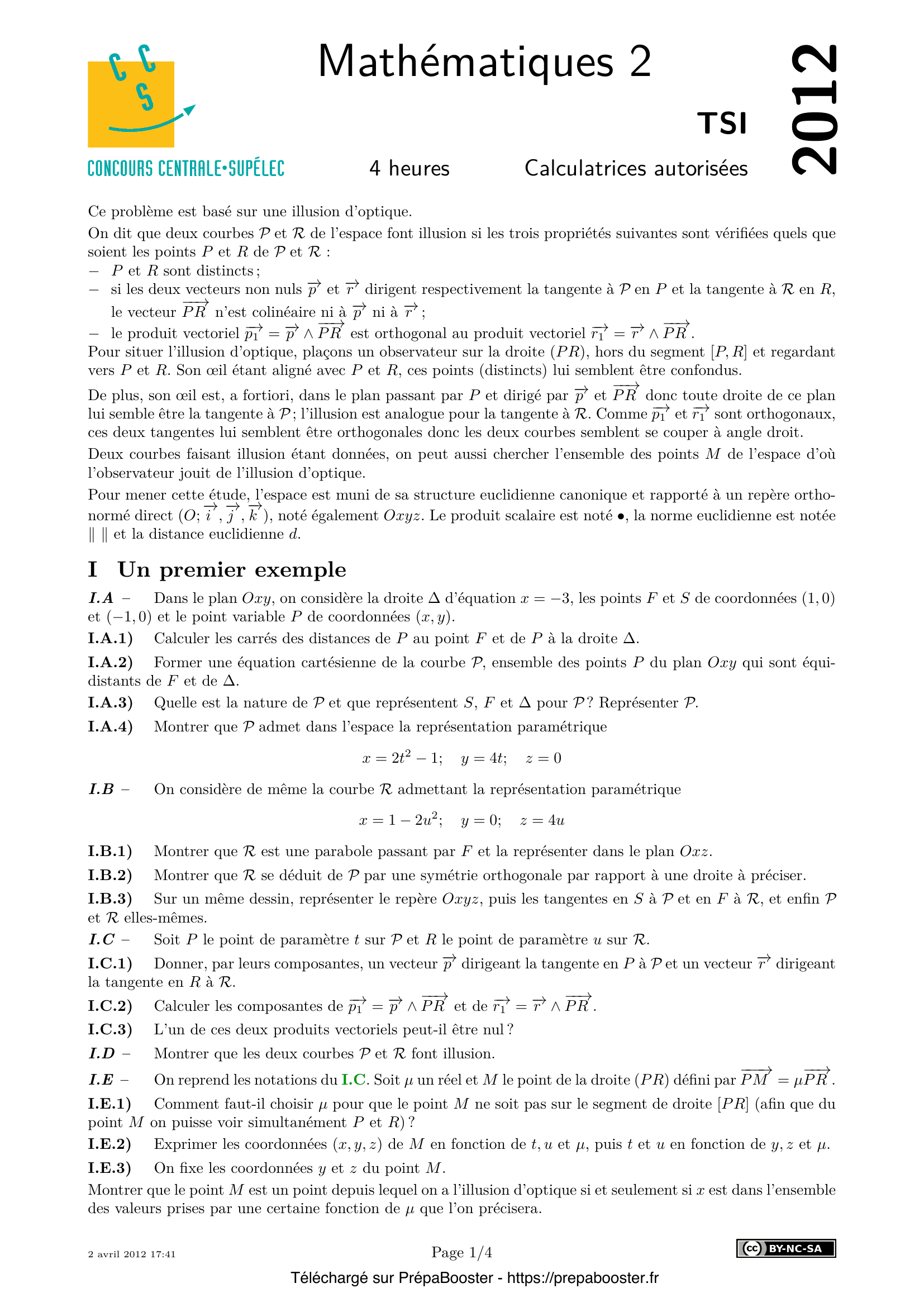 Énoncé Centrale 2012 TSI Maths 2 – page 1 Énoncé Centrale 2012 TSI Maths 2 – page 1