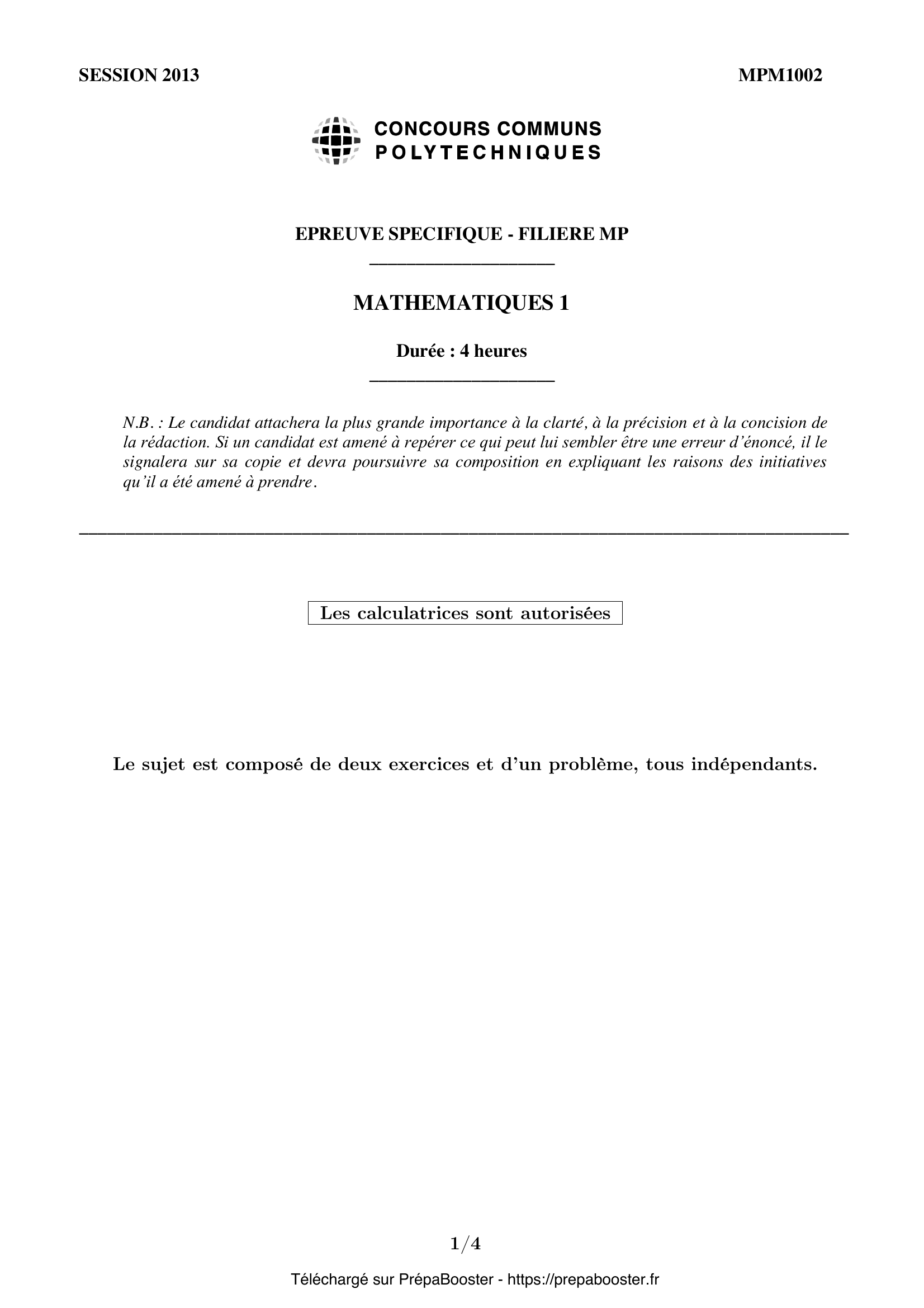 Énoncé CCINP 2013 MPI Maths 1 – page 1 Énoncé CCINP 2013 MPI Maths 1 – page 1