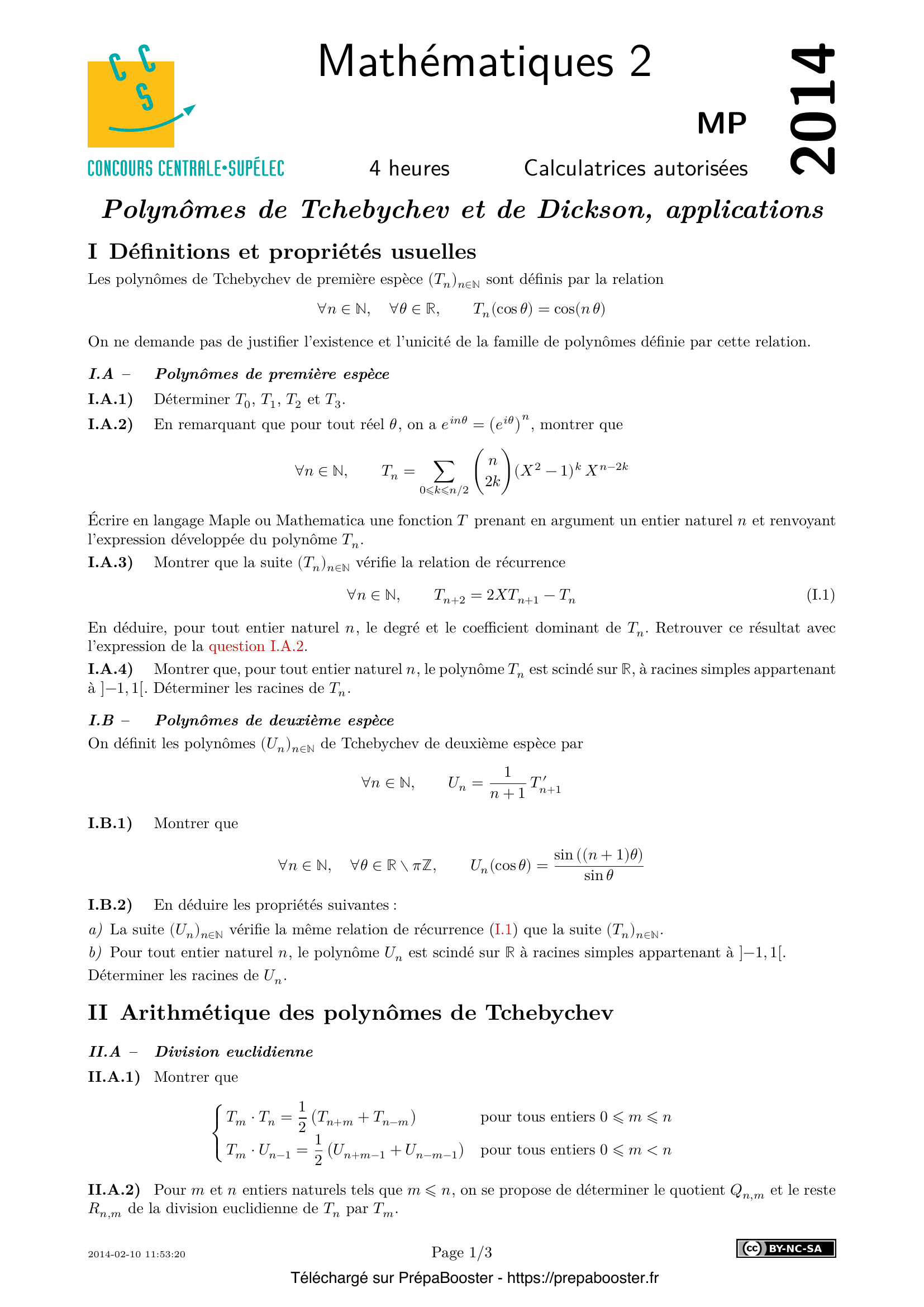 Énoncé Centrale 2014 MP Maths 2 – page 1 Énoncé Centrale 2014 MP Maths 2 – page 1