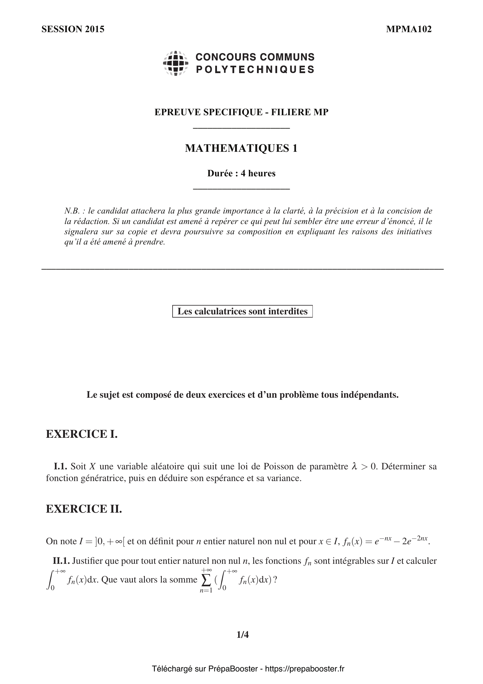 Énoncé CCINP 2015 MPI Maths 1 – page 1 Énoncé CCINP 2015 MPI Maths 1 – page 1