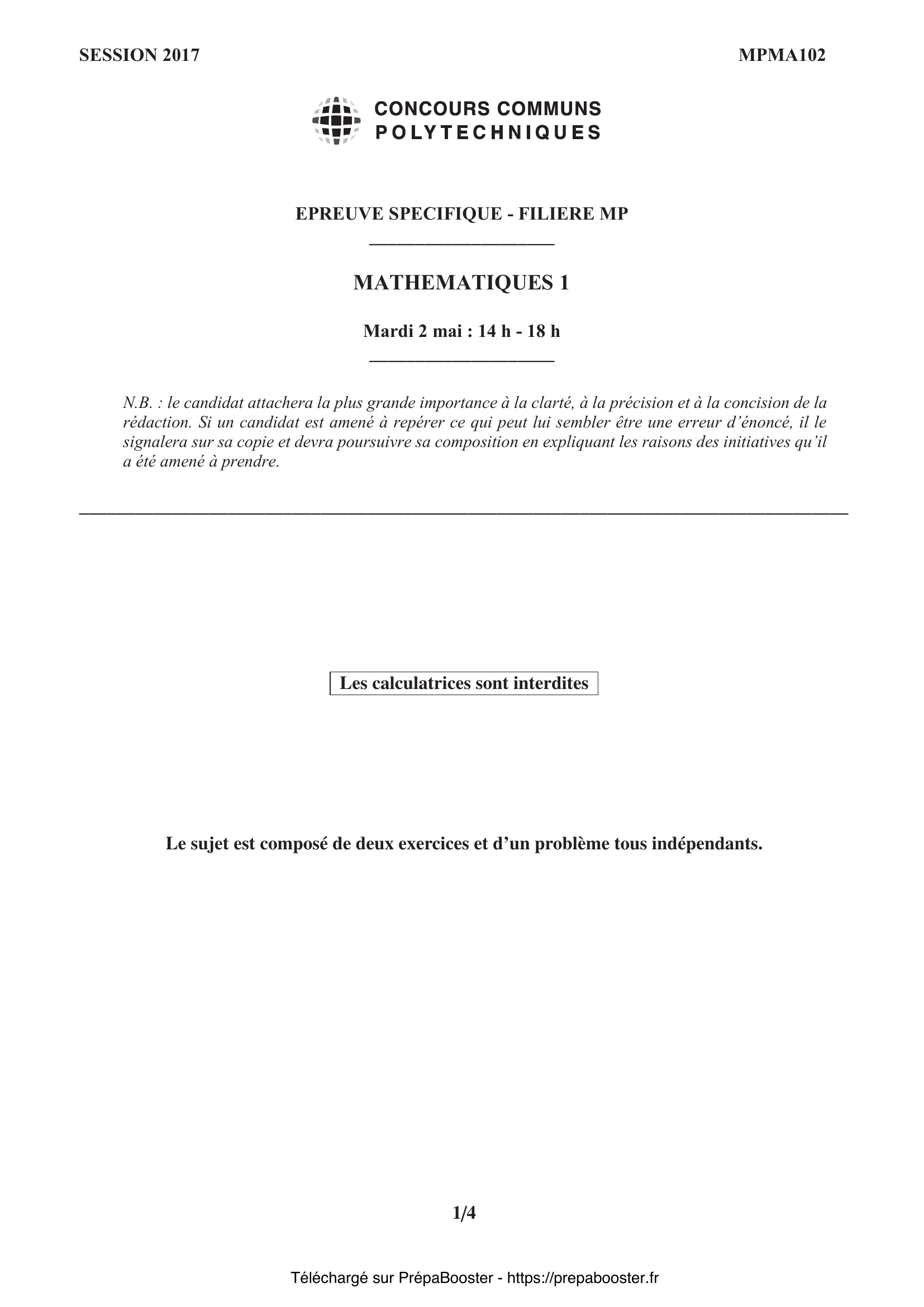 Énoncé CCINP 2017 MPI Maths 1 – page 1 Énoncé CCINP 2017 MPI Maths 1 – page 1