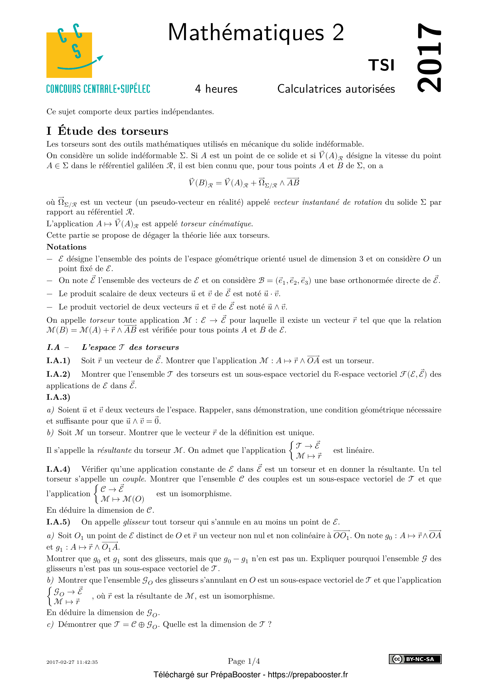 Énoncé Centrale 2017 TSI Maths 2 – page 1 Énoncé Centrale 2017 TSI Maths 2 – page 1