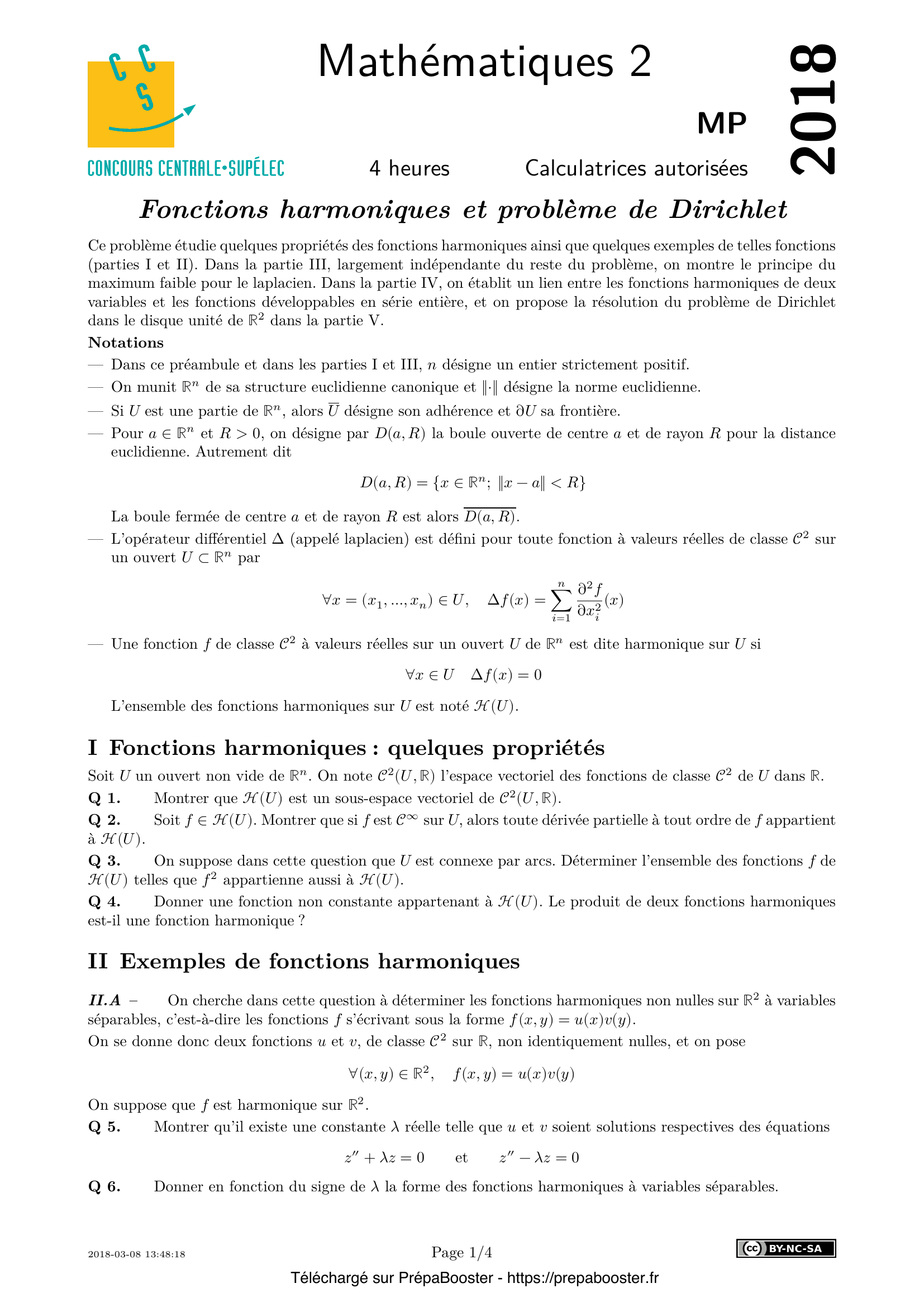 Énoncé Centrale 2018 MP Maths 2 – page 1 Énoncé Centrale 2018 MP Maths 2 – page 1