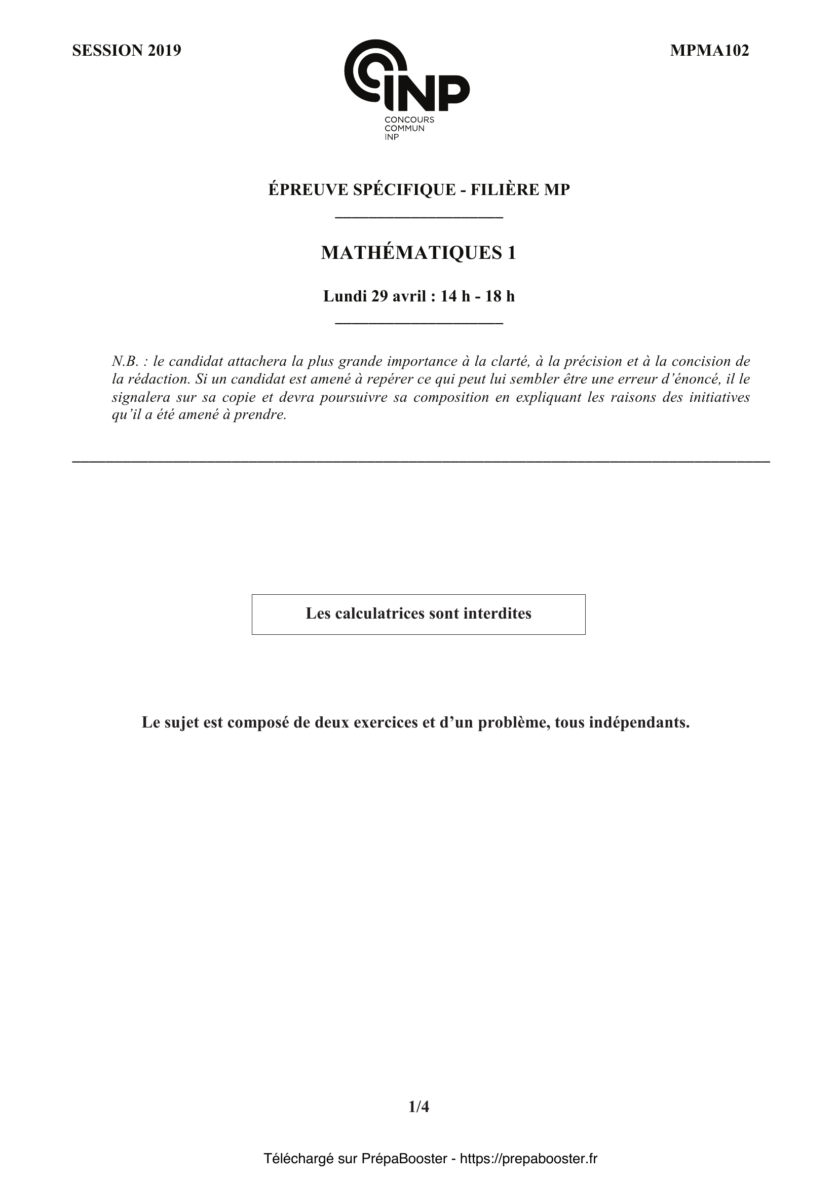 Énoncé CCINP 2019 MPI Maths 1 – page 1 Énoncé CCINP 2019 MPI Maths 1 – page 1