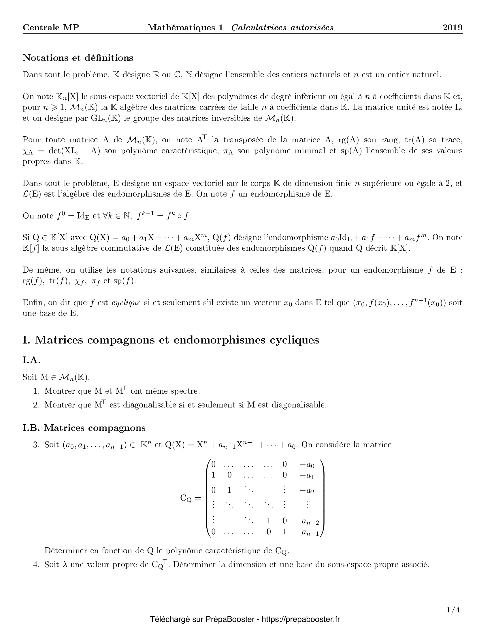 Énoncé Centrale 2019 MP Maths 1 – page 1 Énoncé Centrale 2019 MP Maths 1 – page 1