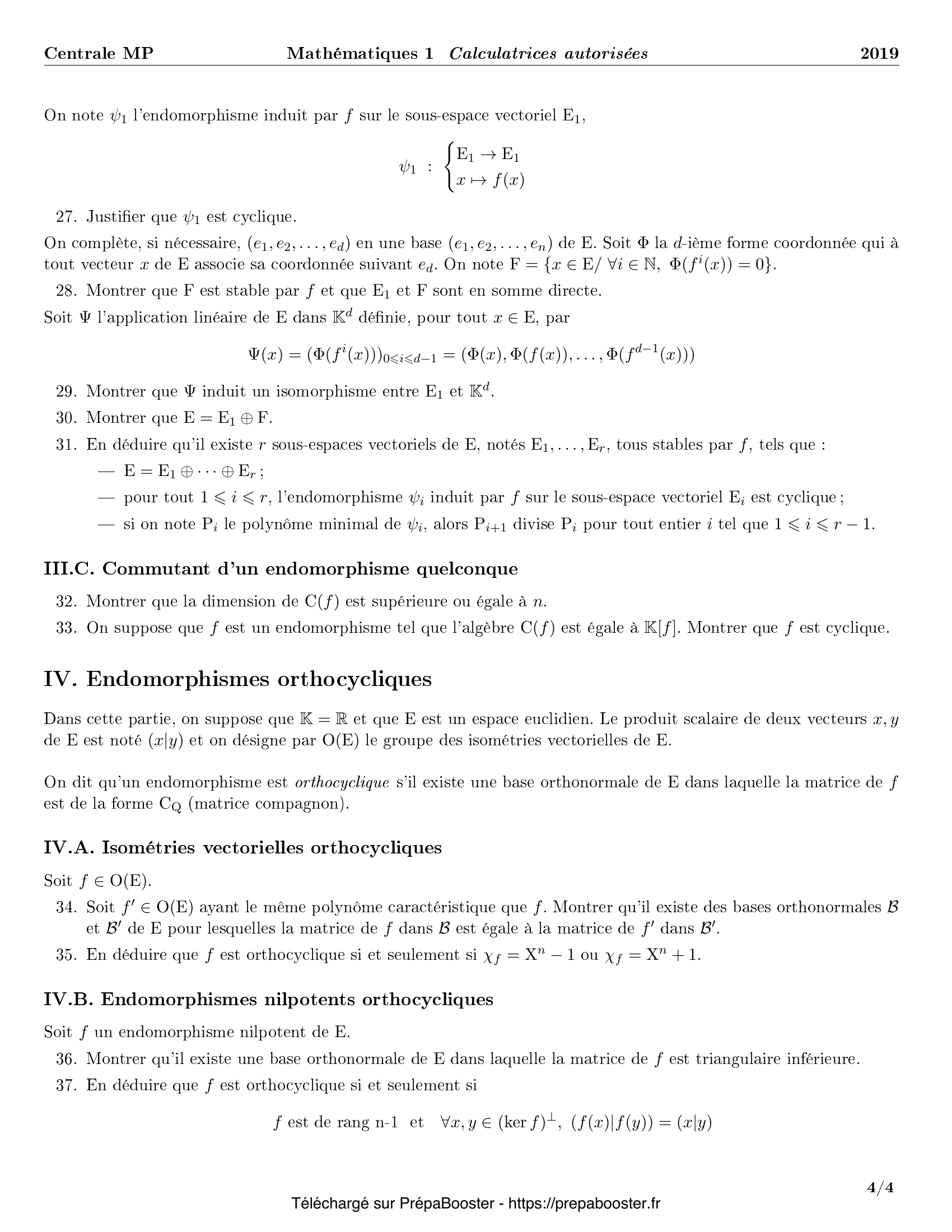 Énoncé Centrale 2019 MP Maths 1 – page 4 Énoncé Centrale 2019 MP Maths 1 – page 4