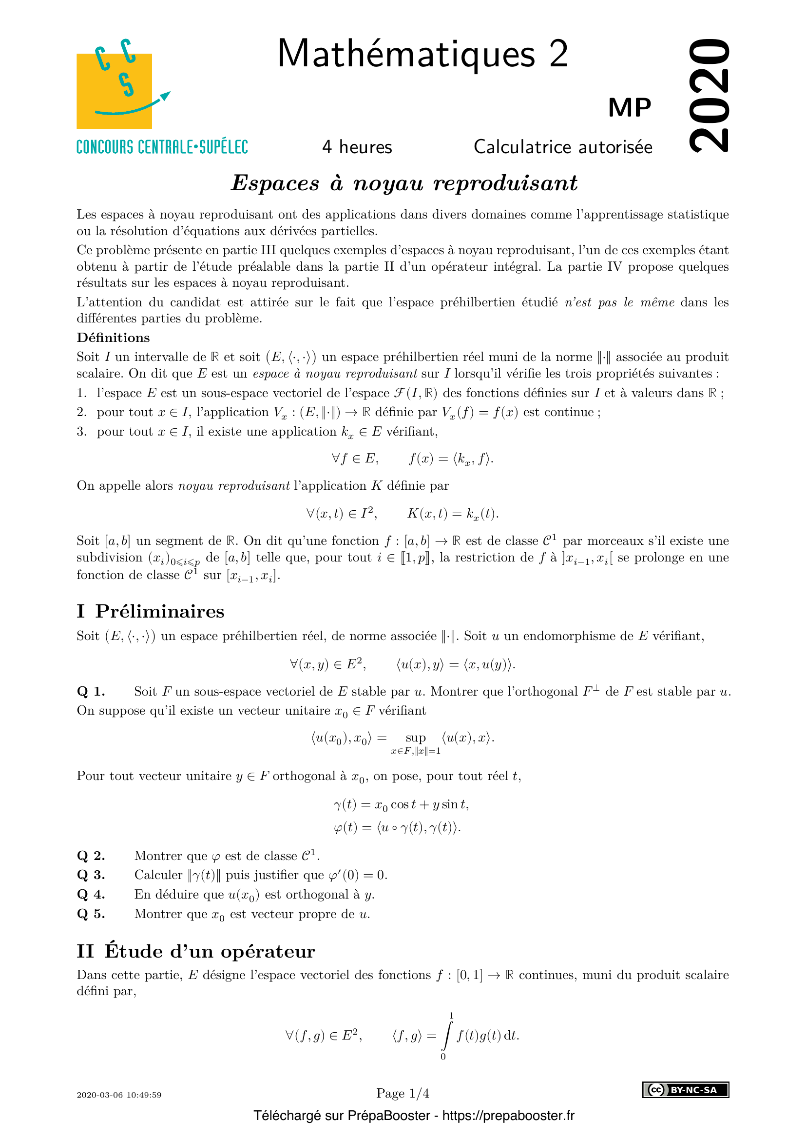 Énoncé Centrale 2020 MP Maths 2 – page 1 Énoncé Centrale 2020 MP Maths 2 – page 1