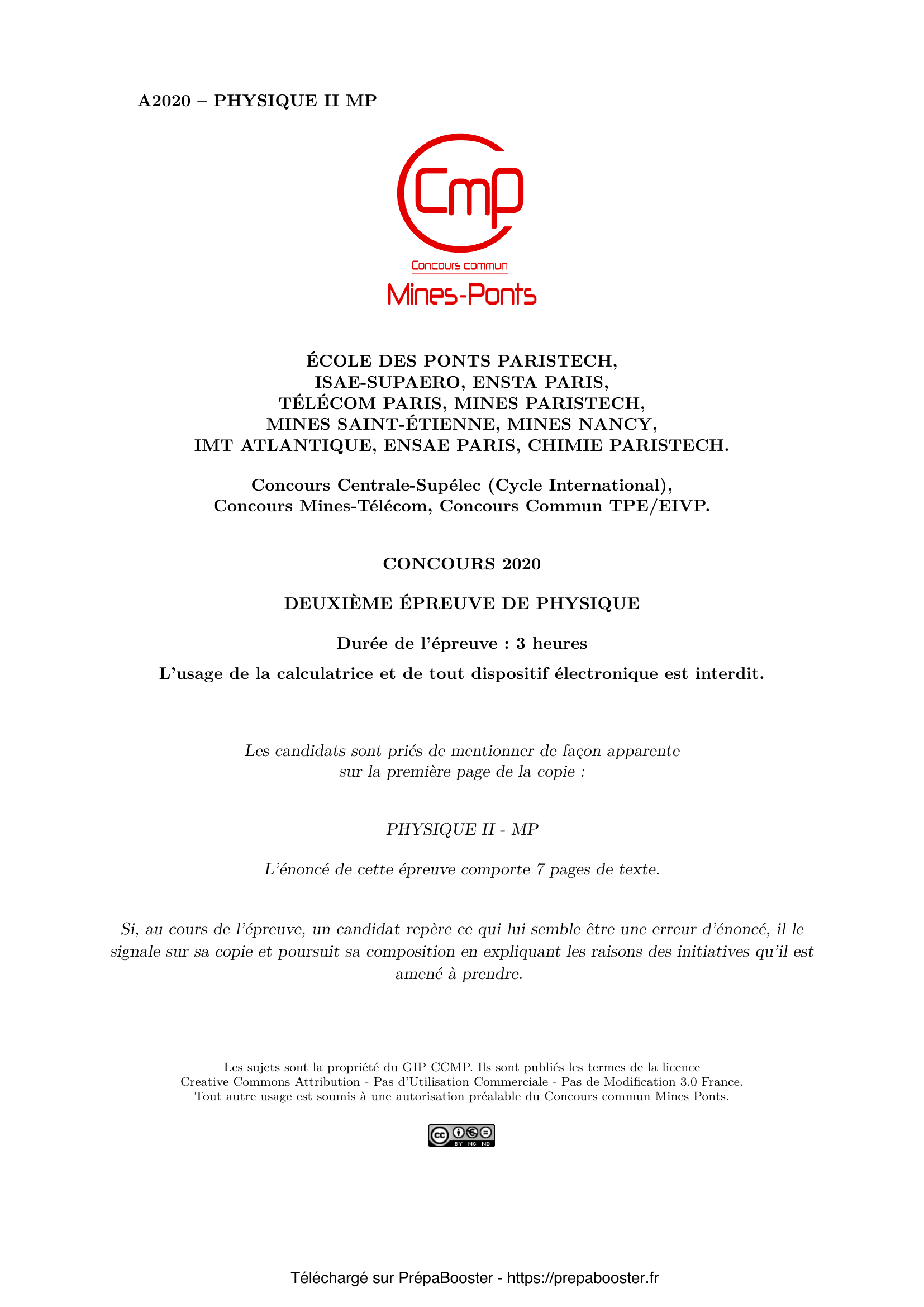Énoncé Mines Ponts 2020 MP Physique 2 – page 1 Énoncé Mines Ponts 2020 MP Physique 2 – page 1