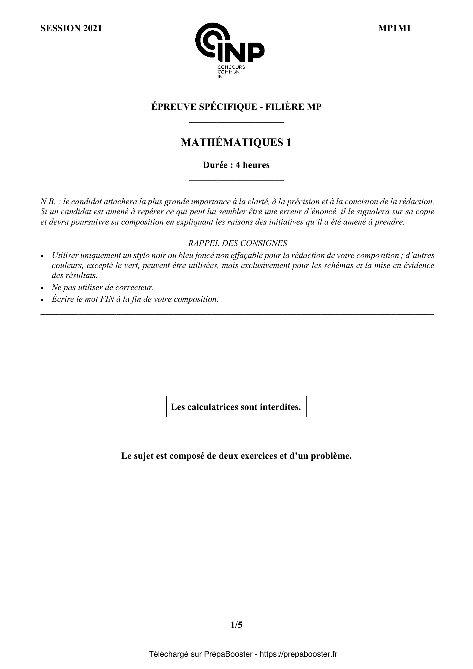 Énoncé CCINP 2021 MPI Maths 1 – page 1 Énoncé CCINP 2021 MPI Maths 1 – page 1