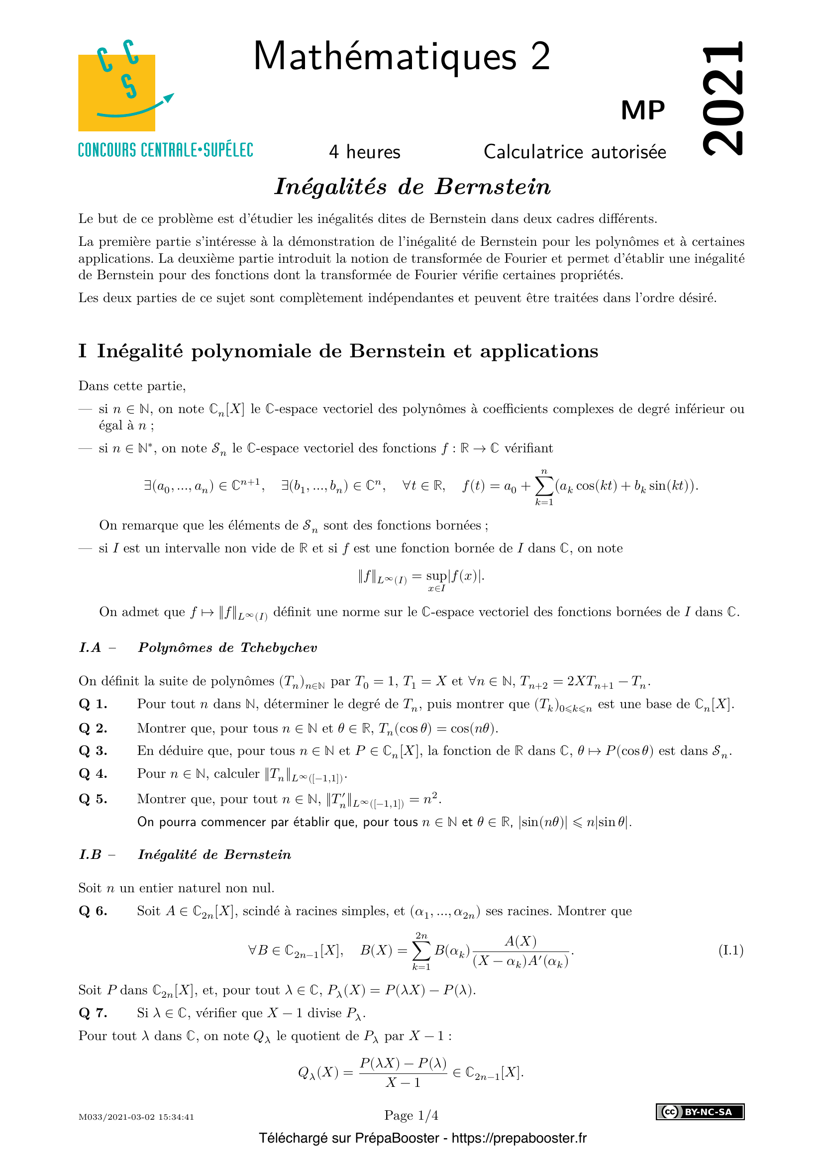 Énoncé Centrale 2021 MP Maths 2 – page 1 Énoncé Centrale 2021 MP Maths 2 – page 1