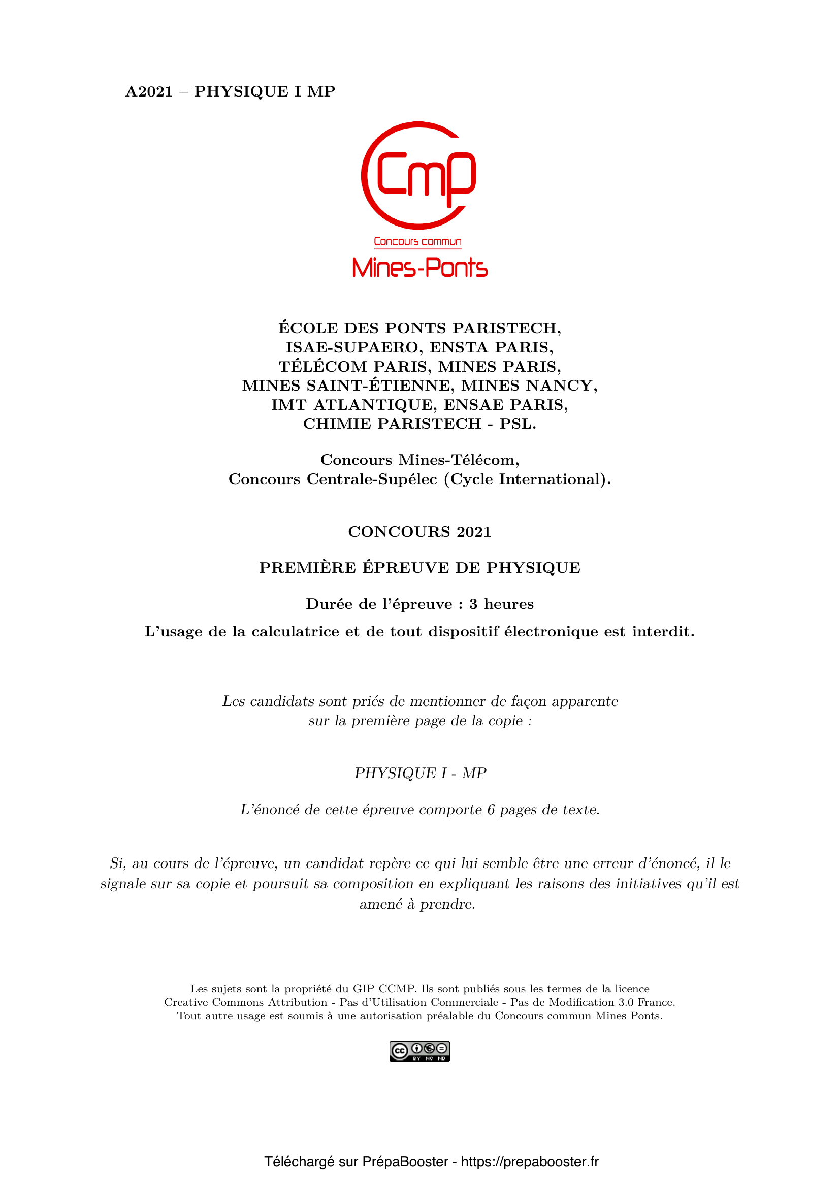 Énoncé Mines Ponts 2021 MP Physique 1 – page 1 Énoncé Mines Ponts 2021 MP Physique 1 – page 1