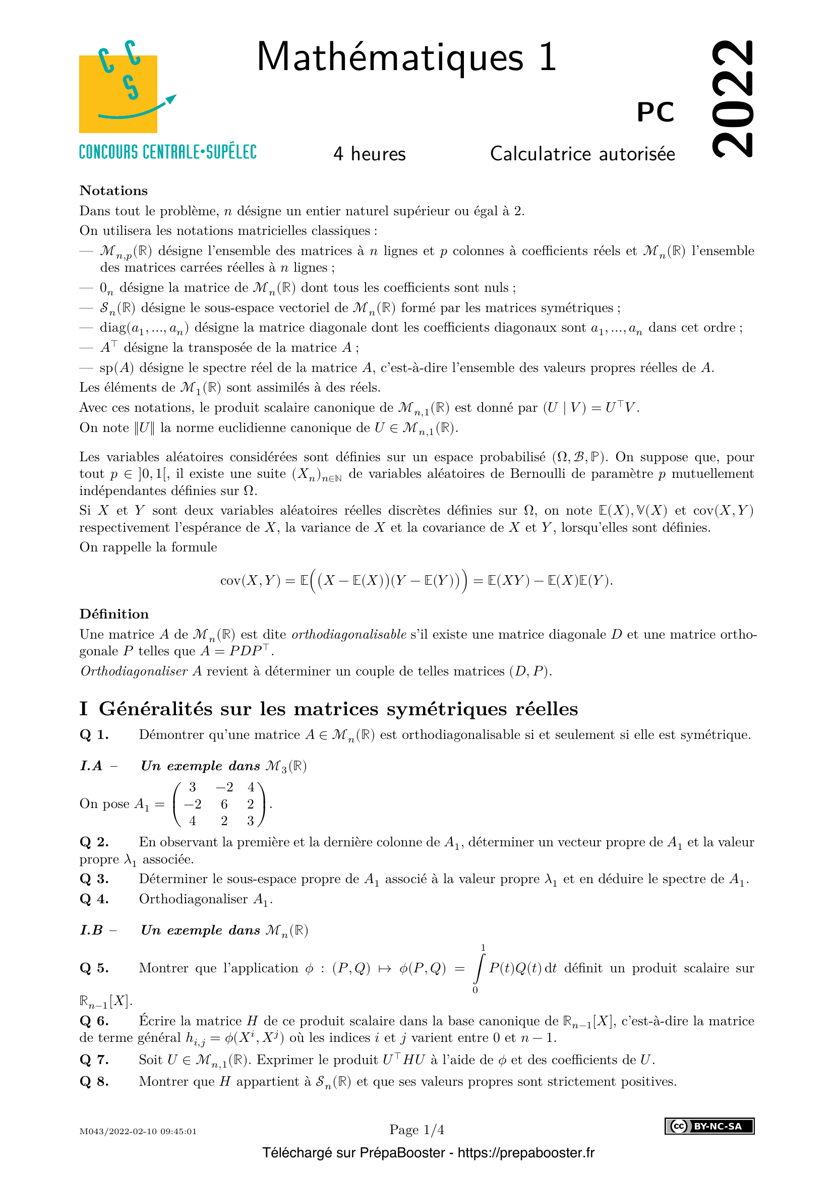 Énoncé Centrale 2022 PC Maths 1 – page 1 Énoncé Centrale 2022 PC Maths 1 – page 1