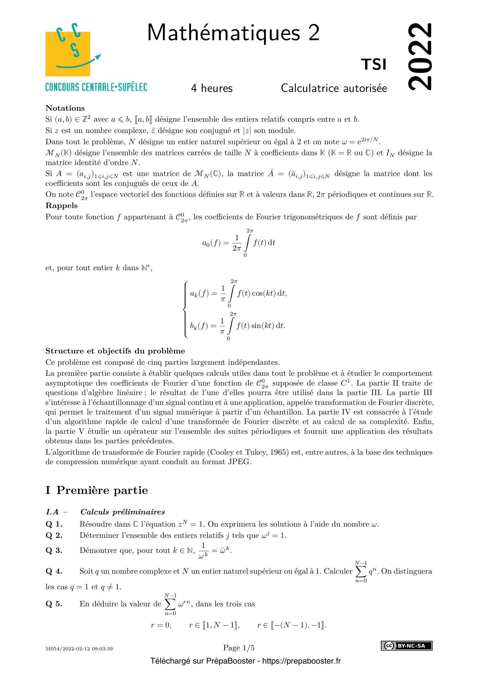 Énoncé Centrale 2022 TSI Maths 2 – page 1 Énoncé Centrale 2022 TSI Maths 2 – page 1
