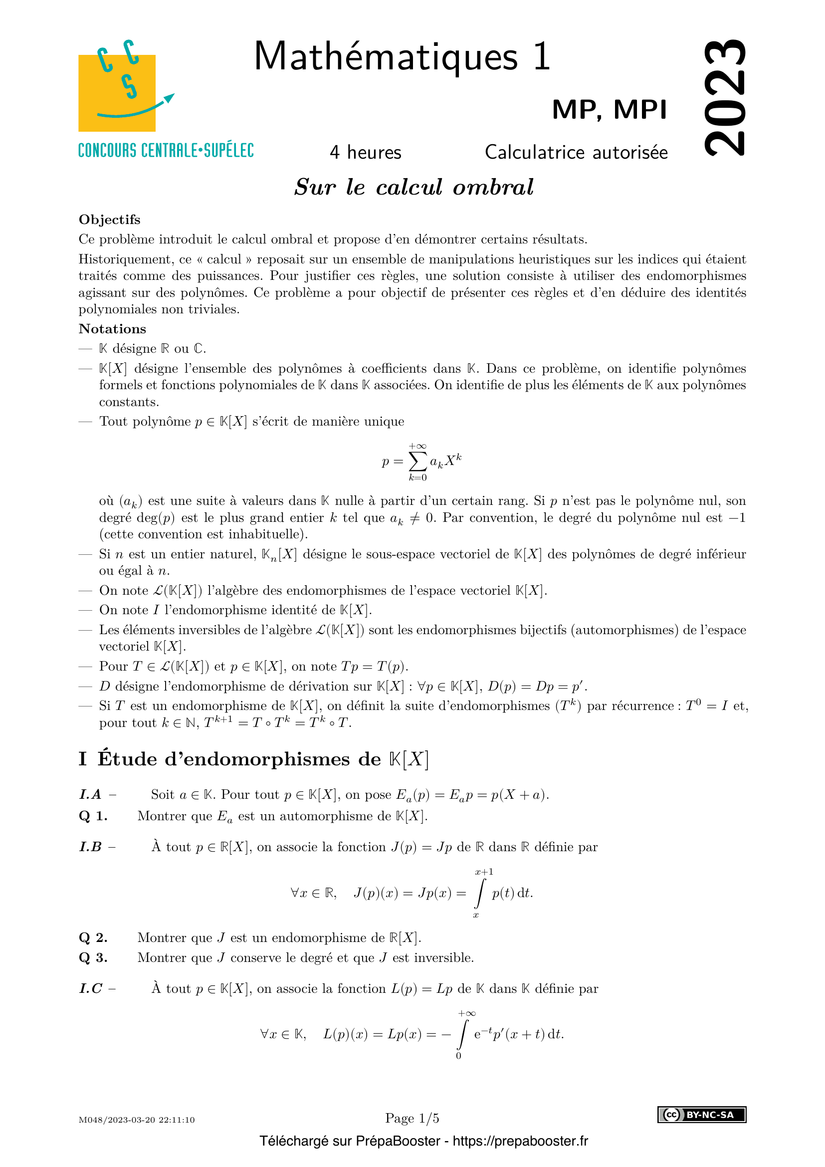 Énoncé Centrale 2023 MPI Maths 1 – page 1 Énoncé Centrale 2023 MPI Maths 1 – page 1