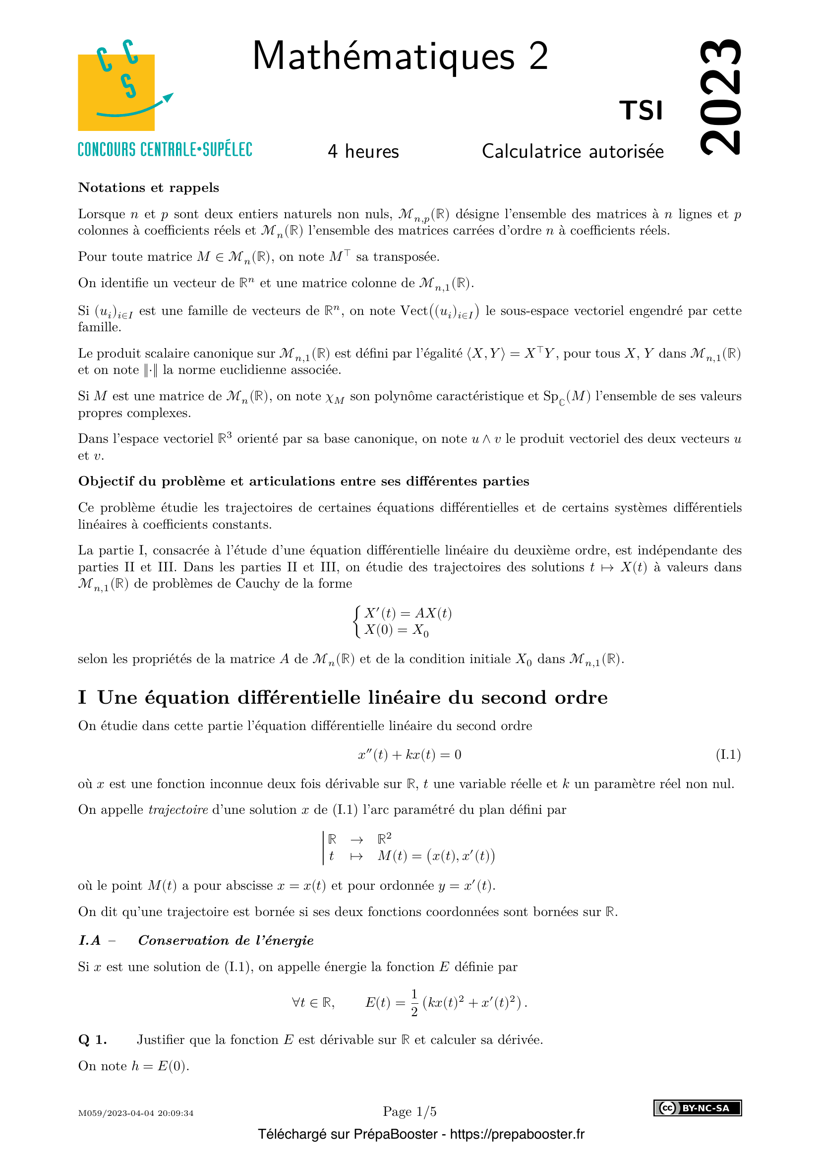 Énoncé Centrale 2023 TSI Maths 2 – page 1 Énoncé Centrale 2023 TSI Maths 2 – page 1