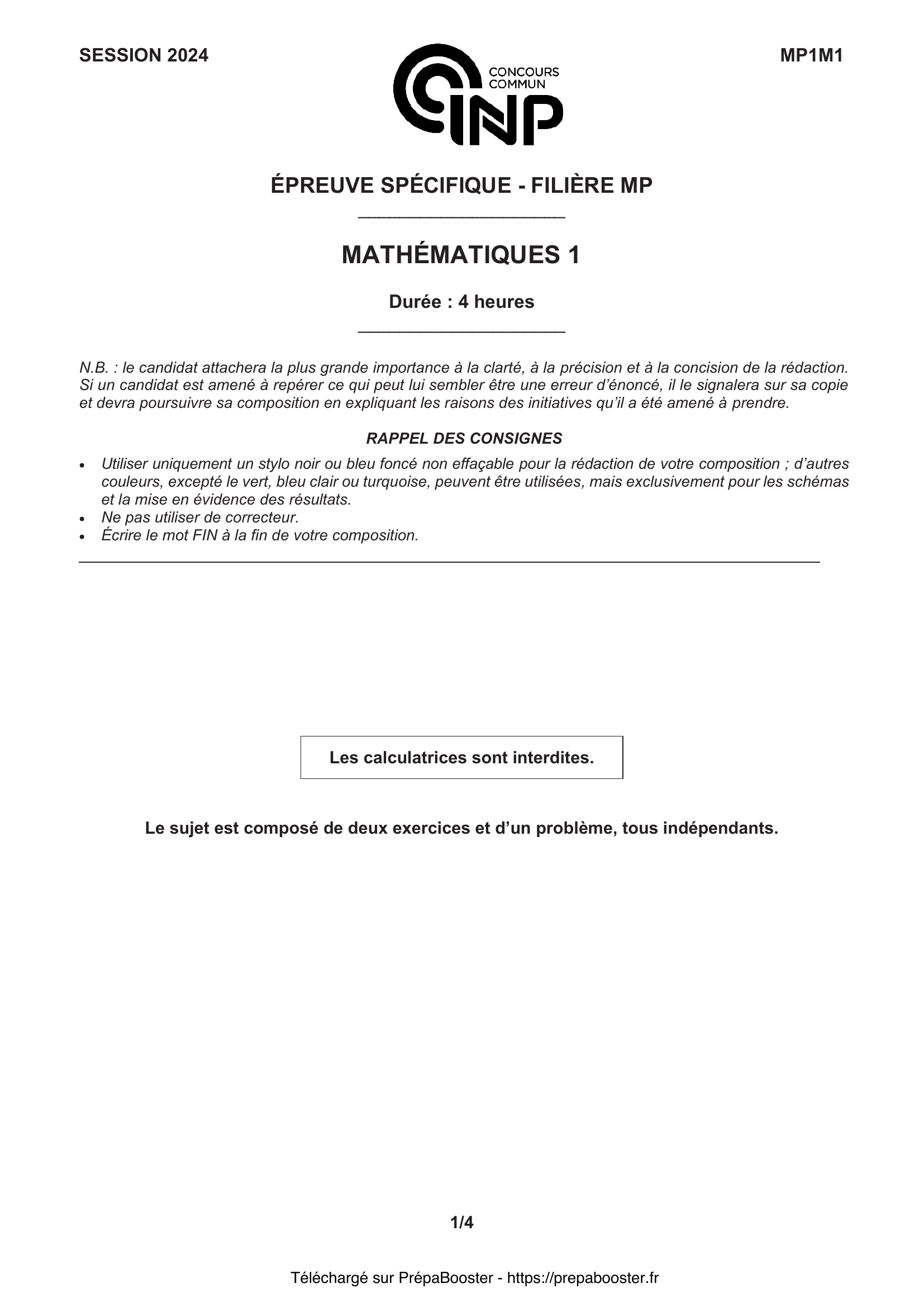 Énoncé CCINP 2024 MPI Maths 1 – page 1 Énoncé CCINP 2024 MPI Maths 1 – page 1