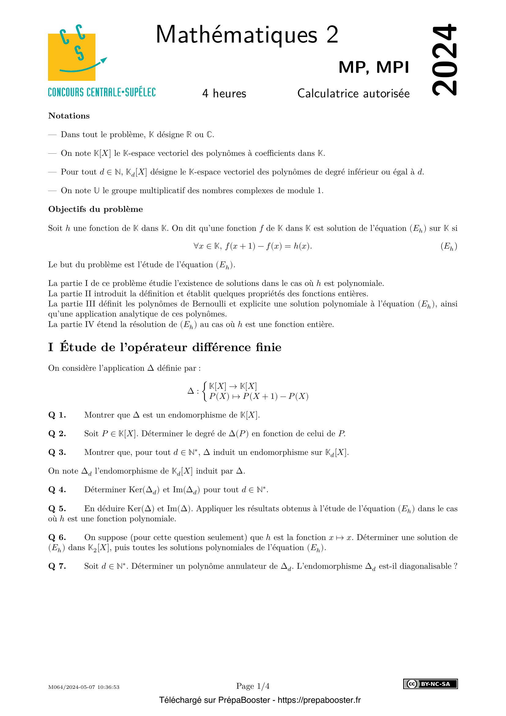 Énoncé Centrale 2024 MPI Maths 2 – page 1 Énoncé Centrale 2024 MPI Maths 2 – page 1
