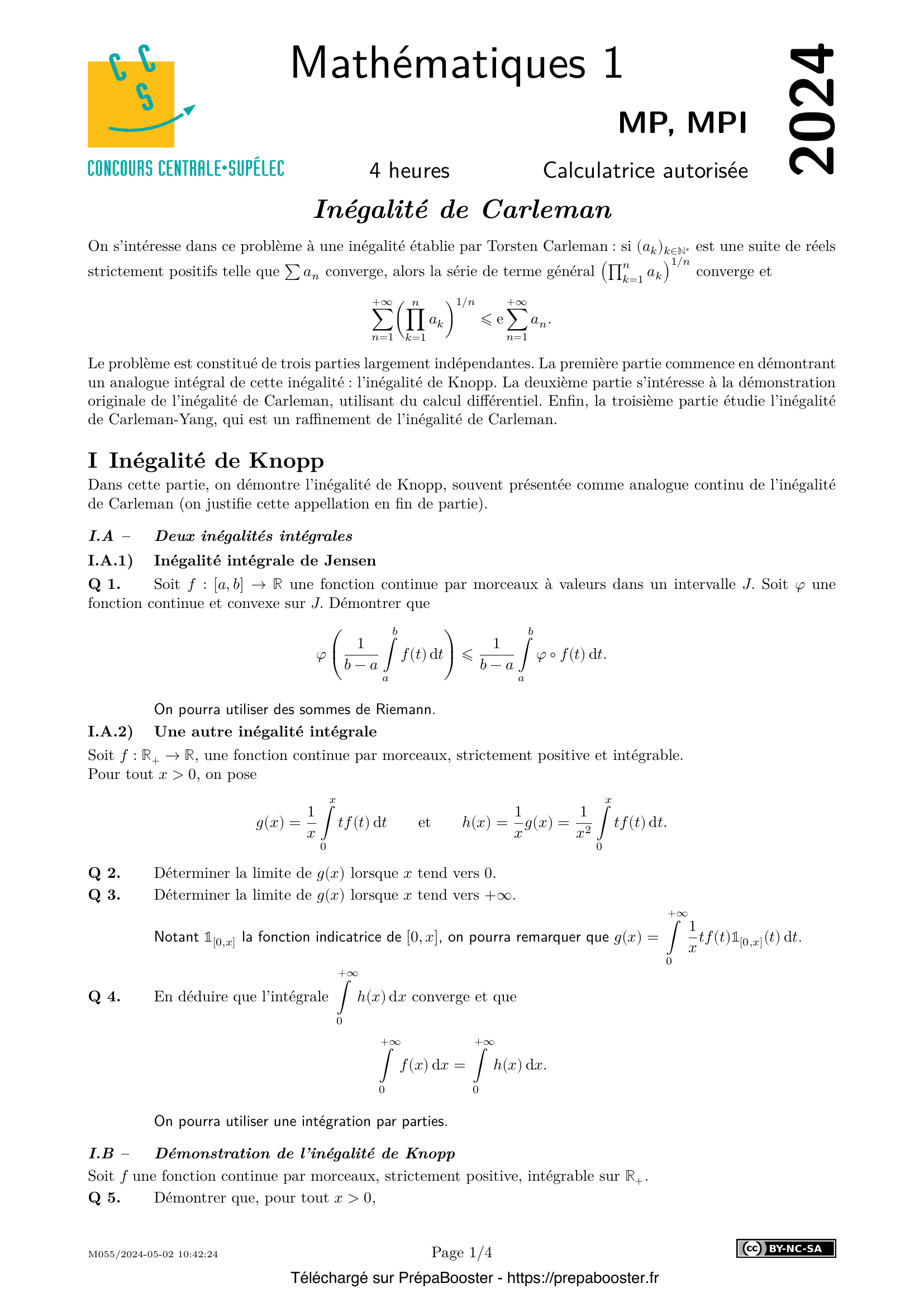 Énoncé Centrale 2024 MP Maths 1 – page 1 Énoncé Centrale 2024 MP Maths 1 – page 1