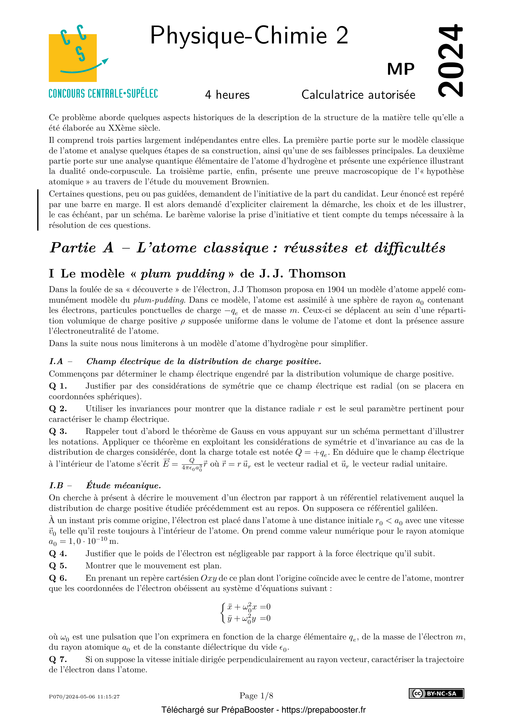 Énoncé Centrale 2024 MP Physique 2 – page 1 Énoncé Centrale 2024 MP Physique 2 – page 1