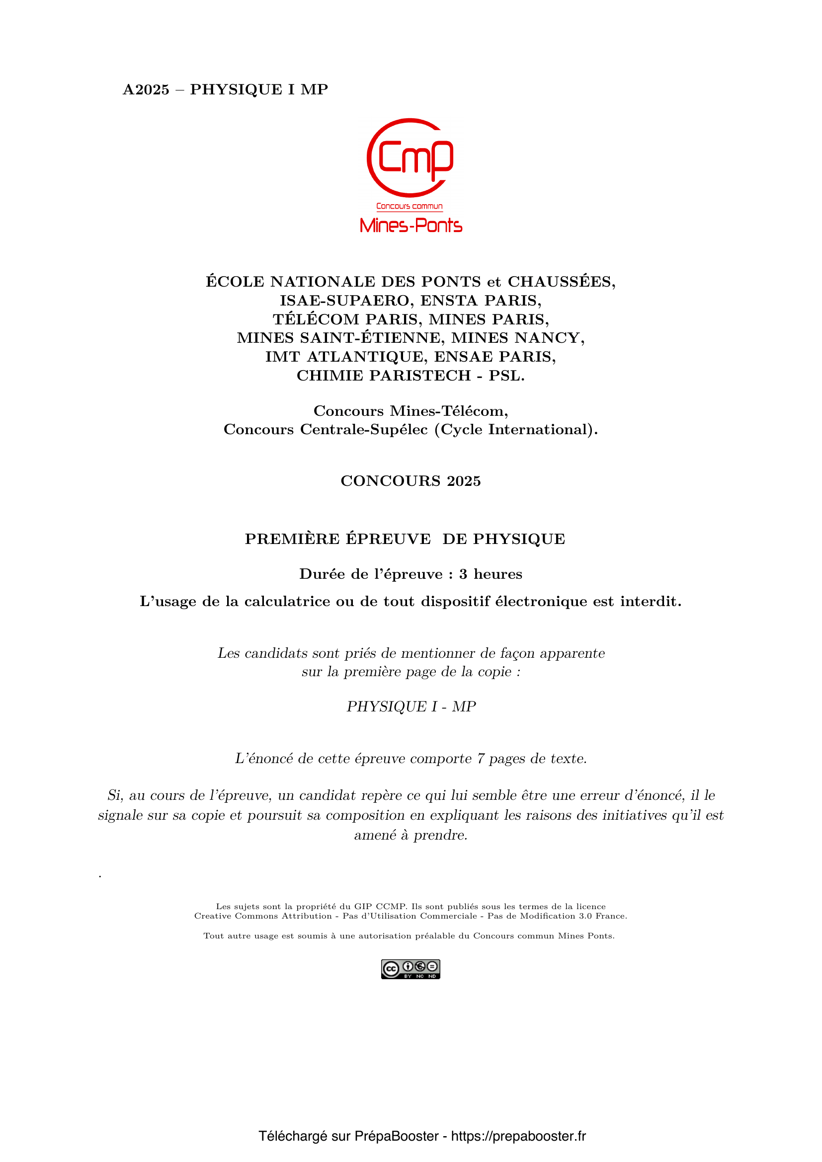 Énoncé Mines Ponts 2025 MP Physique 1 – page 1 Énoncé Mines Ponts 2025 MP Physique 1 – page 1