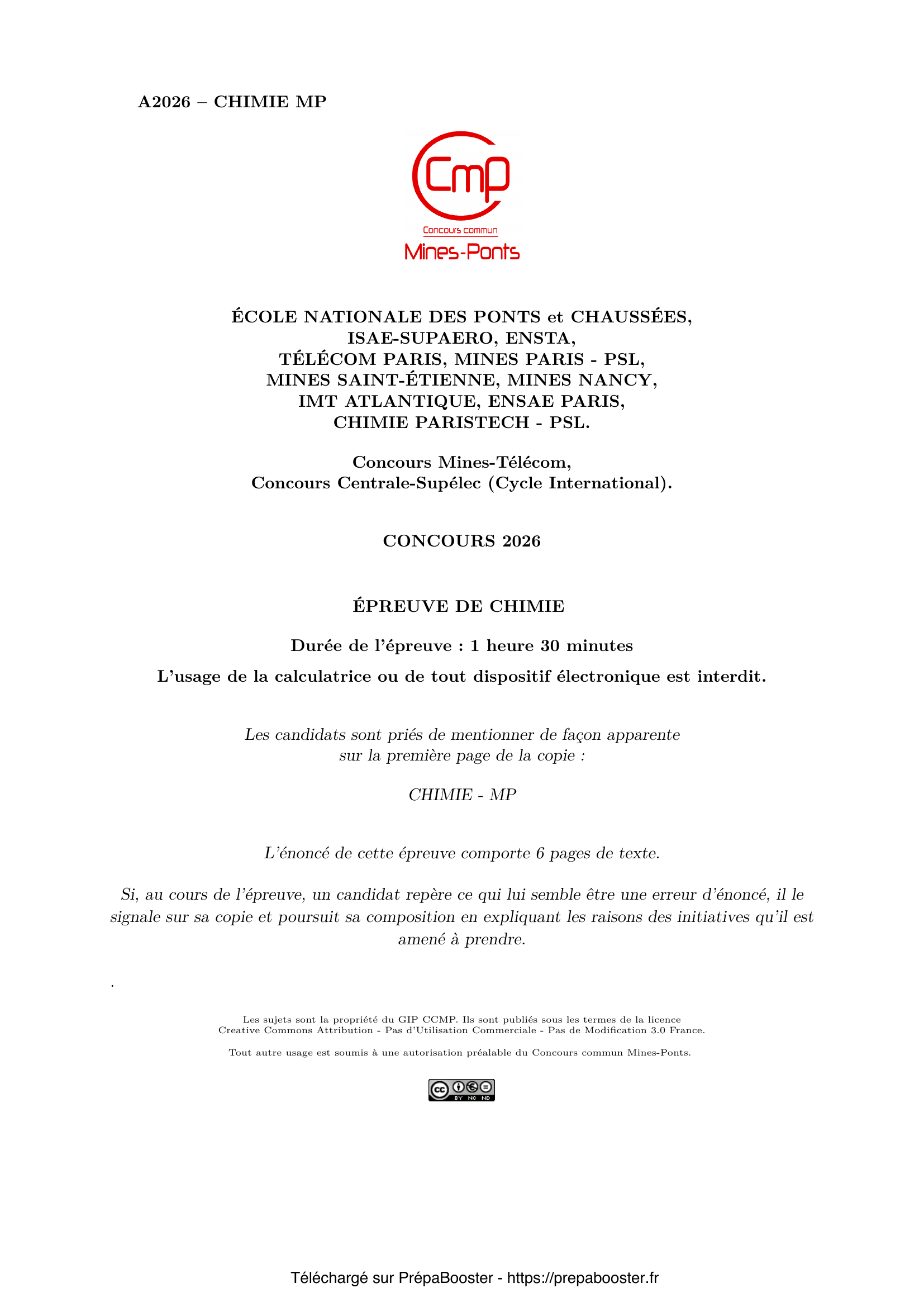 Énoncé Mines Ponts 2026 PSI chimie 1 – page 1 Énoncé Mines Ponts 2026 PSI chimie 1 – page 1